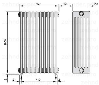 Схема (чертеж) Радиатор Zehnder Charleston 6180/10 №3570 Белый глянцевый RAL 9016